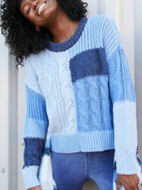 Aerie patchwork knitted sweater blue women's size S